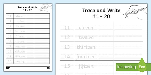 11 to 20 spelling worksheet trace and write activity