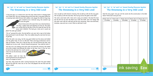 Oa Ow O Oe And O E Sound Family Phoneme Spotter Story