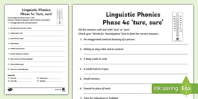 Linguistic Phonics Phase 4c 'ture, sure' Word Worksheet