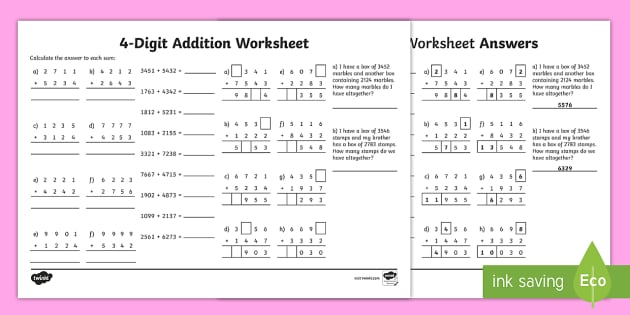 4-Digit Number Addition Worksheet (teacher made)
