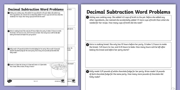 Sixth Grade Decimal Subtraction Word Problems - Twinkl