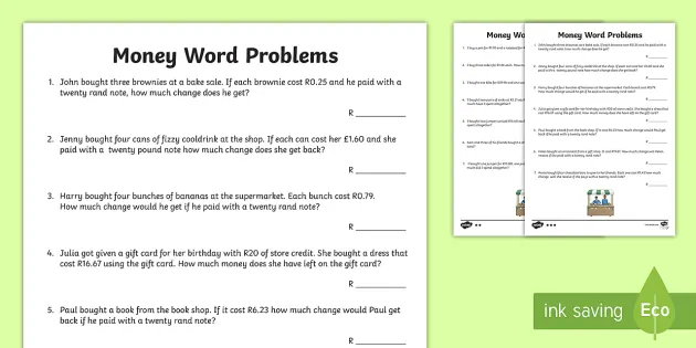 free south africa money word problems worksheet worksheet