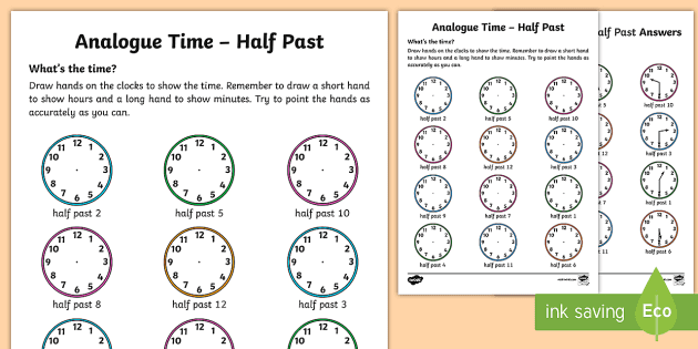 analogue time half past worksheet worksheet teacher made