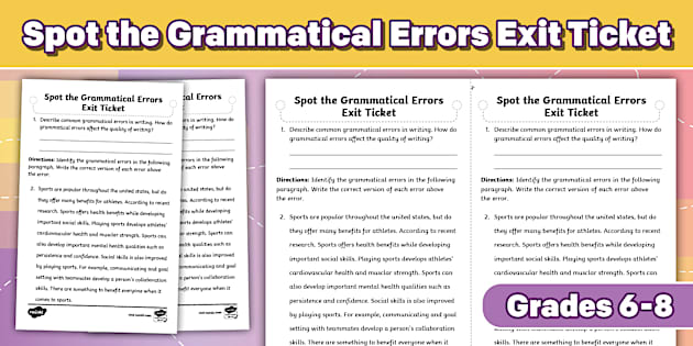 Ticket Number Design Spot the Grammatical Errors Exit Ticket for 6th-8th Grade