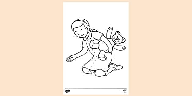 FREE! - Girl with Teddy Kneeling- Pick Up Object | Colouring Sheets