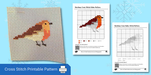 KIT OR CHART - Cross stitch Christmas Cards and Ornaments - 3 modern cute,  easy robin designs, fun xmas craft cross stitch patterns