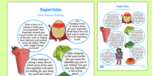 Download Home Learning Challenge Sheet to Support Teaching on Supertato Reception FS2