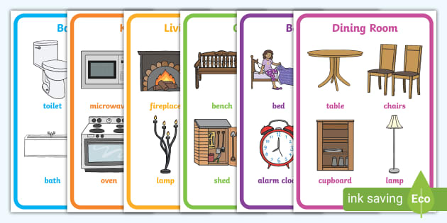 Learning the vocabulary for rooms in a house using pictures and words.