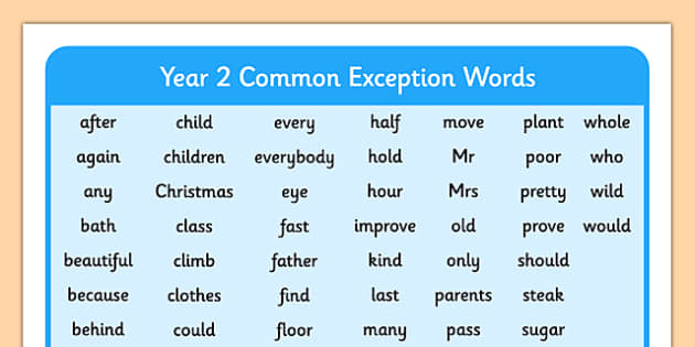 year 2 common exception words homework