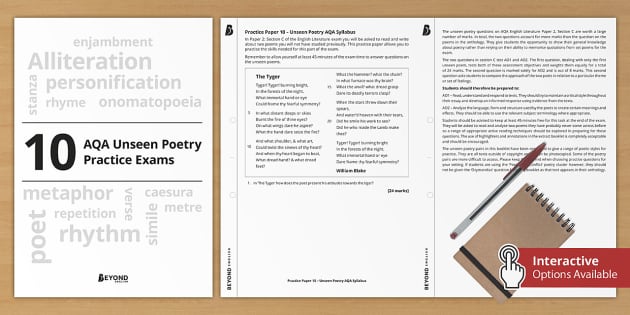 Unseen Poetry AQA: 10 GCSE Practice Exam Questions - KS4 Resource