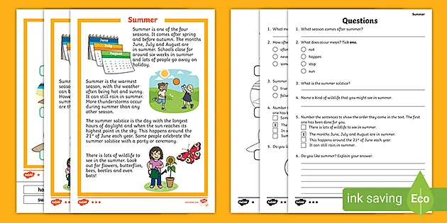 summer comprehension differentiated worksheet worksheet pack