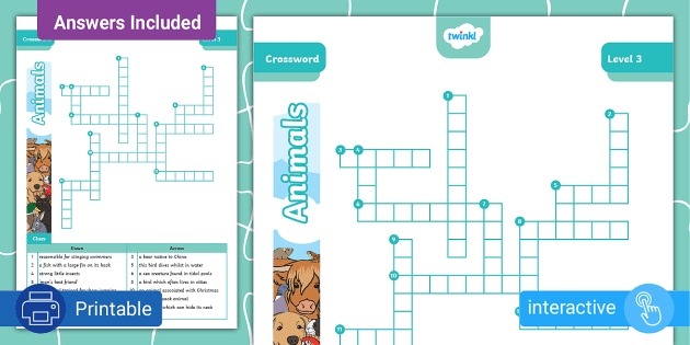 Animals Crossword - Level 1 - Twinkl - Kids Puzzles - Twinkl