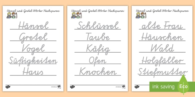 Hänsel und Gretel Arbeitsblatt Erstes Schreiben: Wörter nachspuren