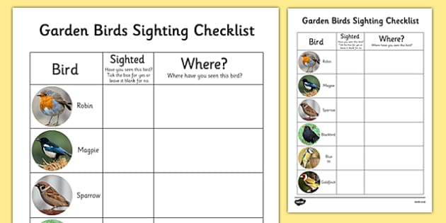 Garden Birds Sighting Checklist (teacher made)