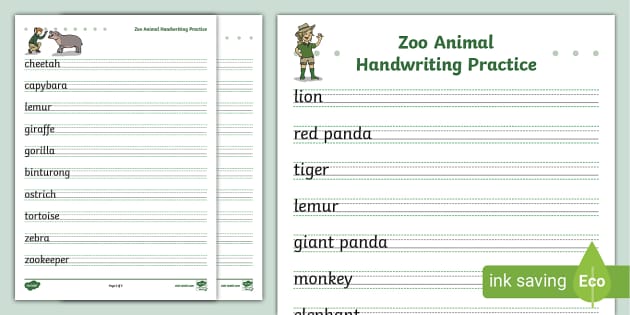 Zoo Animal Handwriting Practice Worksheets - Twinkl