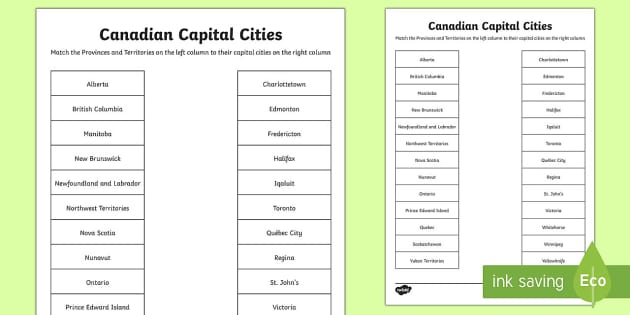 Match Provinces Capitals Worksheet Canada Capitals Quiz   Ca2 T 160 Canadian Capital Cities Matching Activity Sheet Ver 1 