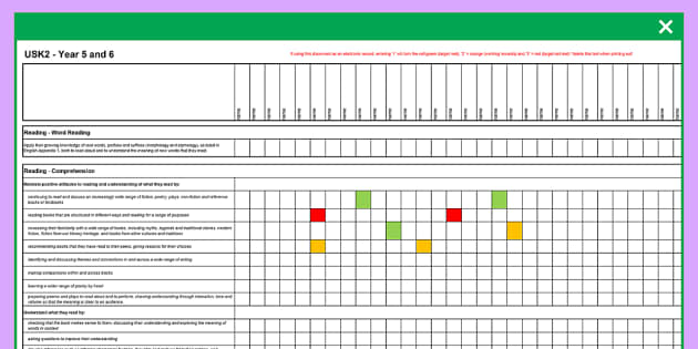 2014 National Curriculum UKS2 Years English Reading Assessment Spreadsheet