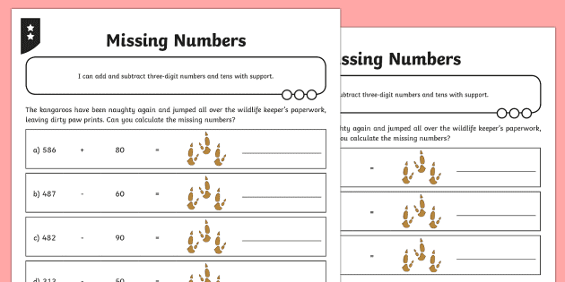 adding and subtracting three digit numbers and tens missing number worksheet