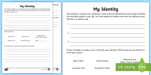 My Identity Worksheet - Inclusion - Australia (teacher made)