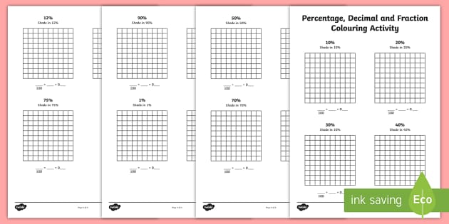 Percentage Decimal and Fraction Colouring Worksheets