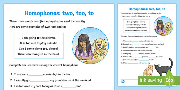 Homophones To Two Too Worksheet | English Resources - Twinkl