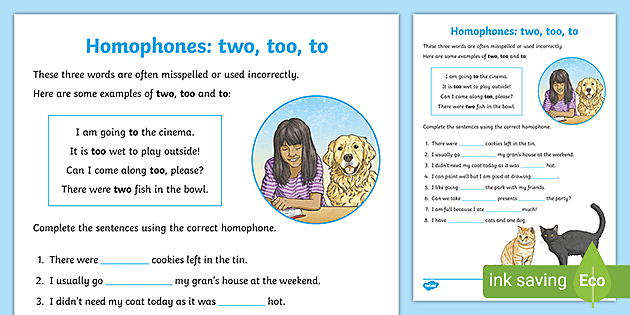 homophones to two too worksheet english resources