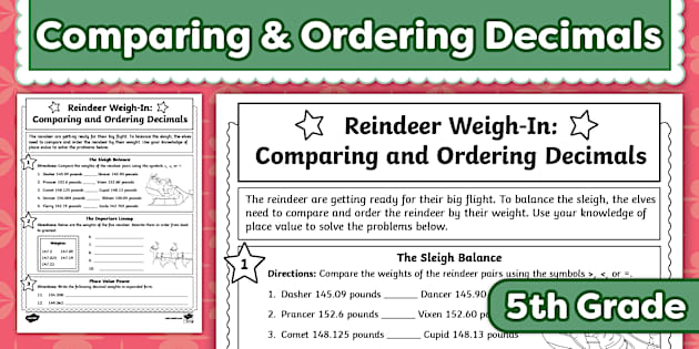 Fifth Grade Reindeer Weigh-In: Comparing and Ordering Decimals Worksheet