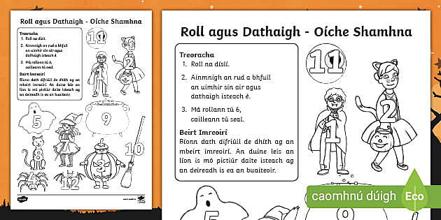 Halloween Aistear Roll and Colour Worksheet Gaeilge - Twinkl