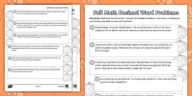 Sixth Grade Fall Math Decimal Word Problems - Twinkl