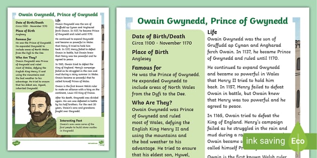 Owain Gwynedd Fact File
