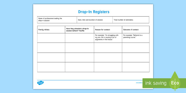Drop-In Registers Young People & Families Case File Recording Template
