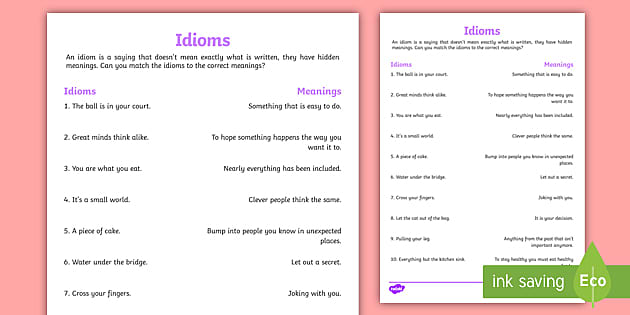 Idiom Meaning Worksheet (Teacher-Made) - Twinkl