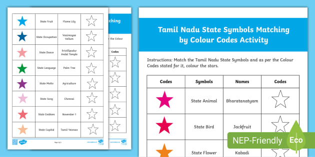 Tamil Nadu State Symbols Colour Coding Activity - Twinkl