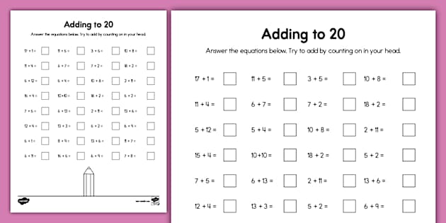 Adding to 20 Worksheet for K-2nd Grade (teacher made)