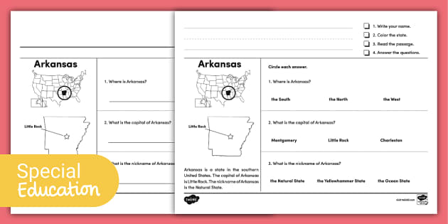 Arkansas Activity Page For Special Education (teacher Made)