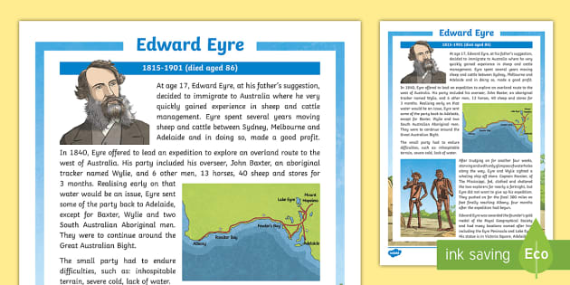 Australian Early Inland Explorers – Edward Eyre Fact Sheet