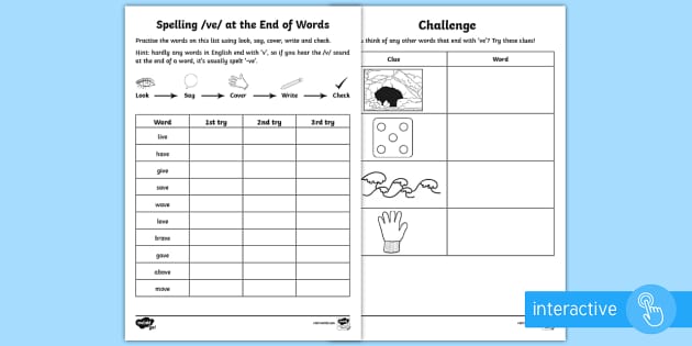 Year 1 Spelling Practice V Spelled Ve Homework Worksheet