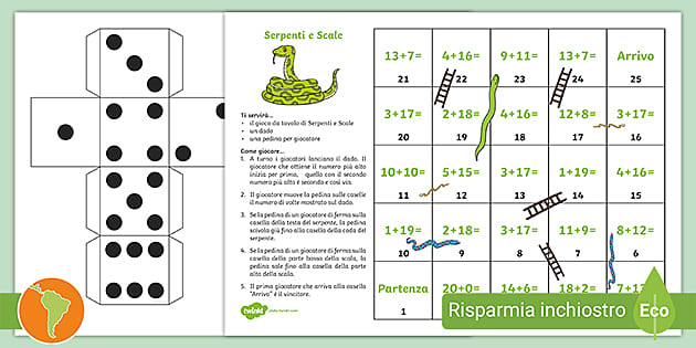 Serpenti e Scale, gioco da tavolo per le addizioni fino a 20