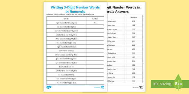 place value writing 3 digit number words in numerals worksheet