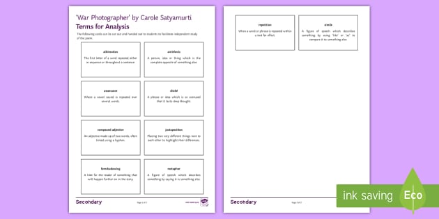 Gcse Terms For Analysis Cards To Support Teaching On War Photographer By