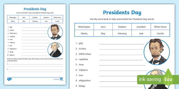 Presidents Day Word Scramble Answers