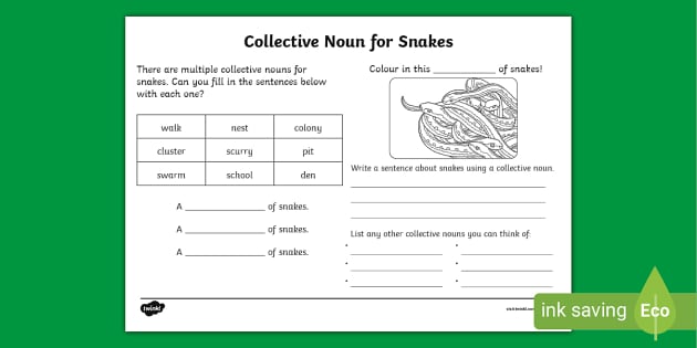 Collective Noun - Snakes Worksheet (Teacher-Made) - Twinkl