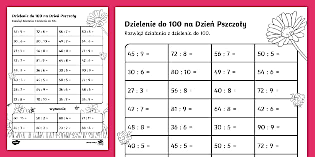 Mnożenie I Dzielenie Do 100 Kartkówka Dzielenie do 100 | Dzień Pszczoły | Karta pracy - Twinkl