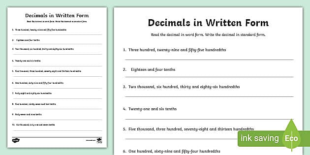 decimals in written form worksheet worksheet