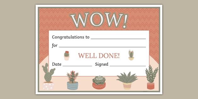 Succulents-Themed Wow Certificate (teacher made) - Twinkl