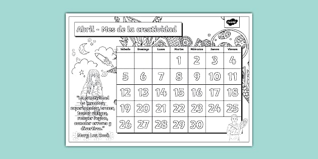 Calendario para colorear: Abril - Mes de la creatividad