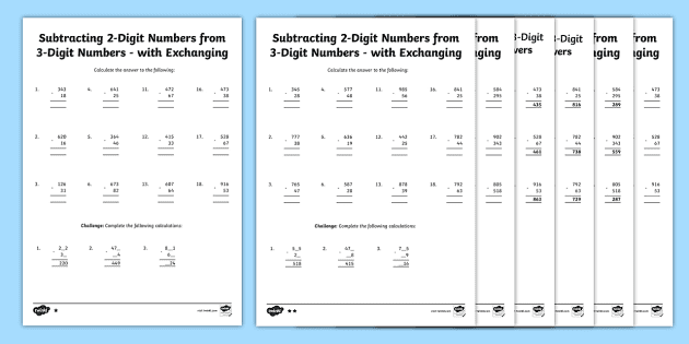 column subtraction 2 digit numbers from 3 digit numbers