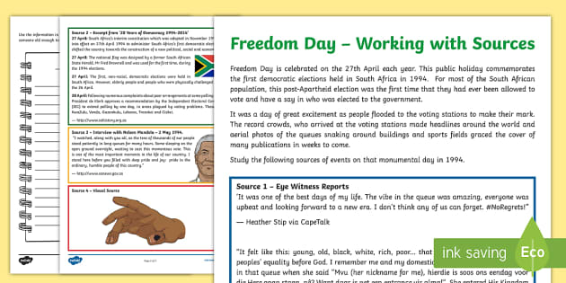 Freedom Day Working with Sources Worksheet / Worksheet