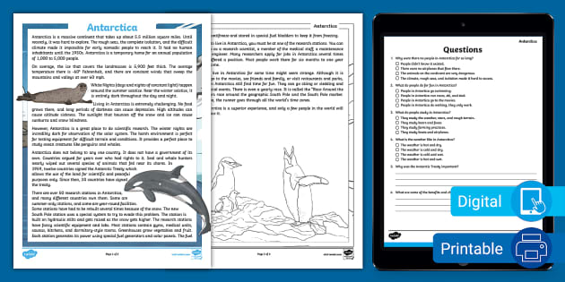 Fifth Grade Antarctica Reading Comprehension Worksheet