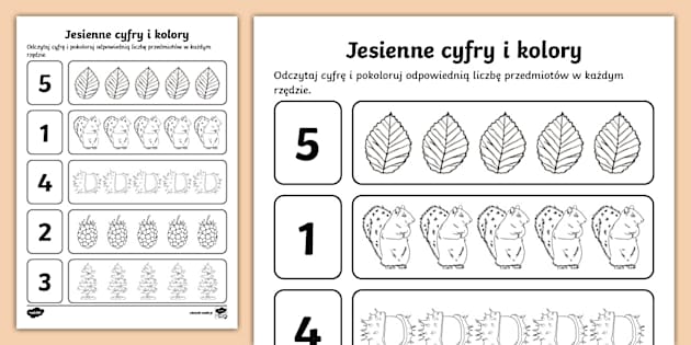 Sprawdzian Matematyka Klasa 5 Liczenie W Slupku Jesienne cyfry i kolory | Karta Pracy | Liczenie w zakresie 5